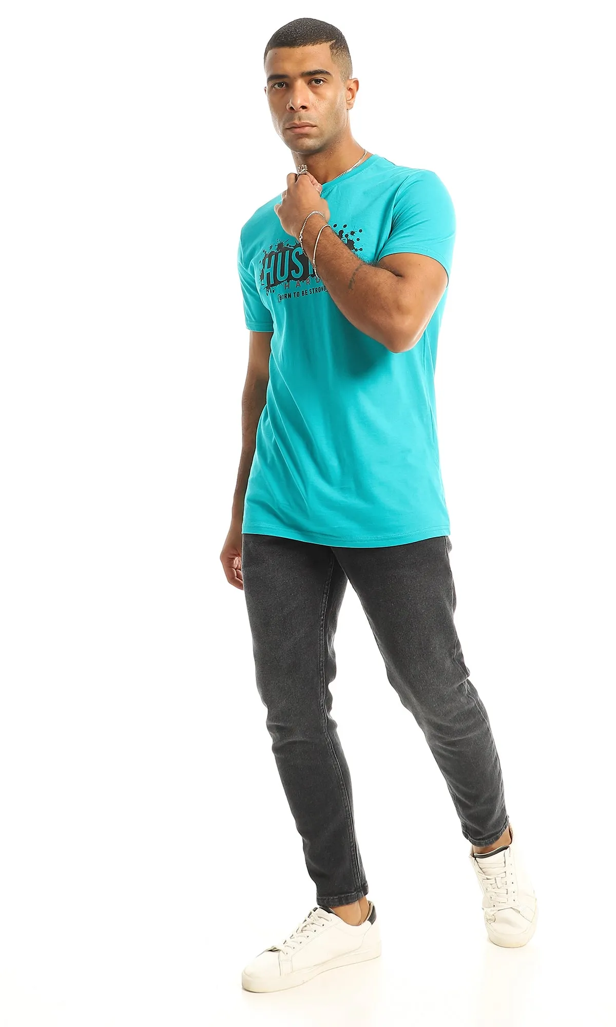 O154997 Chest Printed Hustle Dark Turquoise Tee