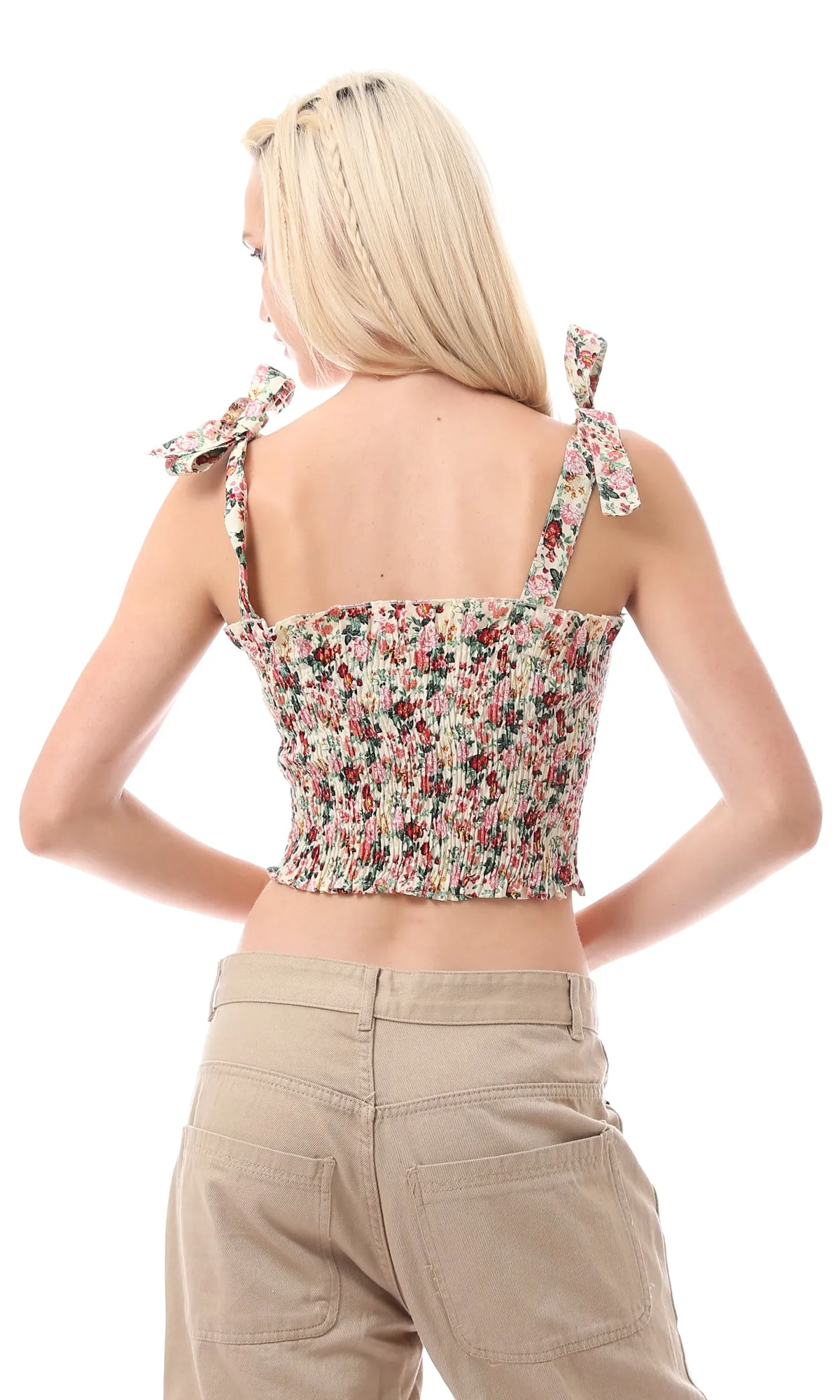 O167898 Lace Up Sleeves Beige Floral Crop Top