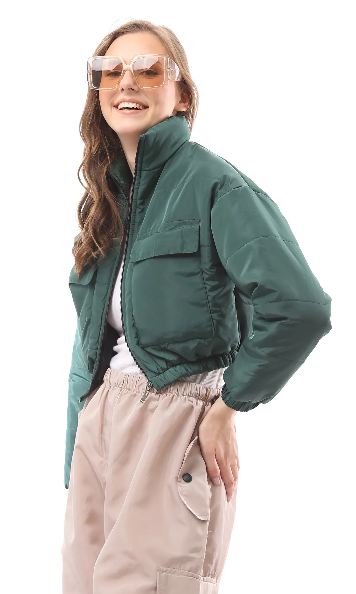 O170759 Forest Green Puffer Jacket With Front Pockets