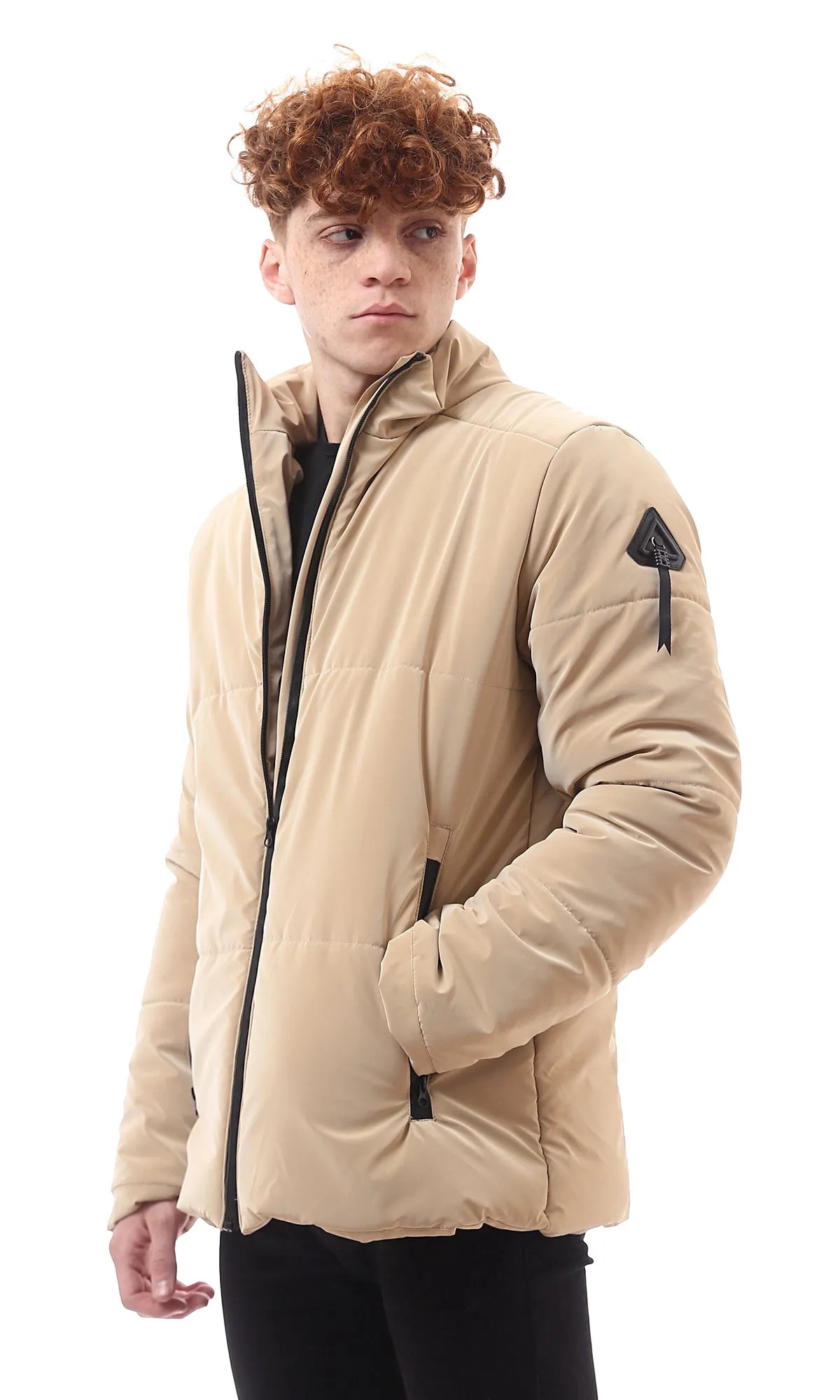 O174074 Stand Collar Long Sleeves Sand Beige Bomber Jacket