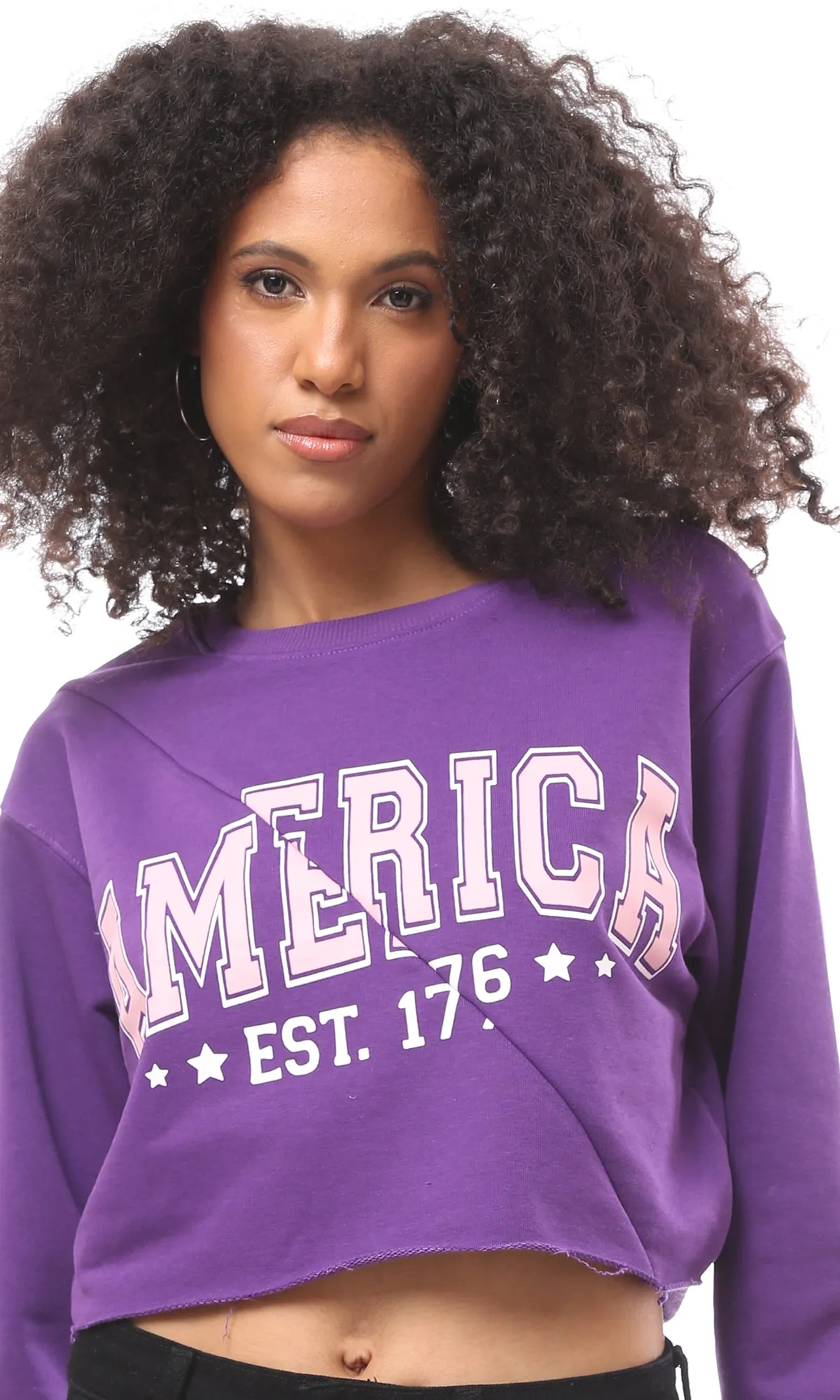 O175018 Front Cut Printed Purple Short Sweatshirt