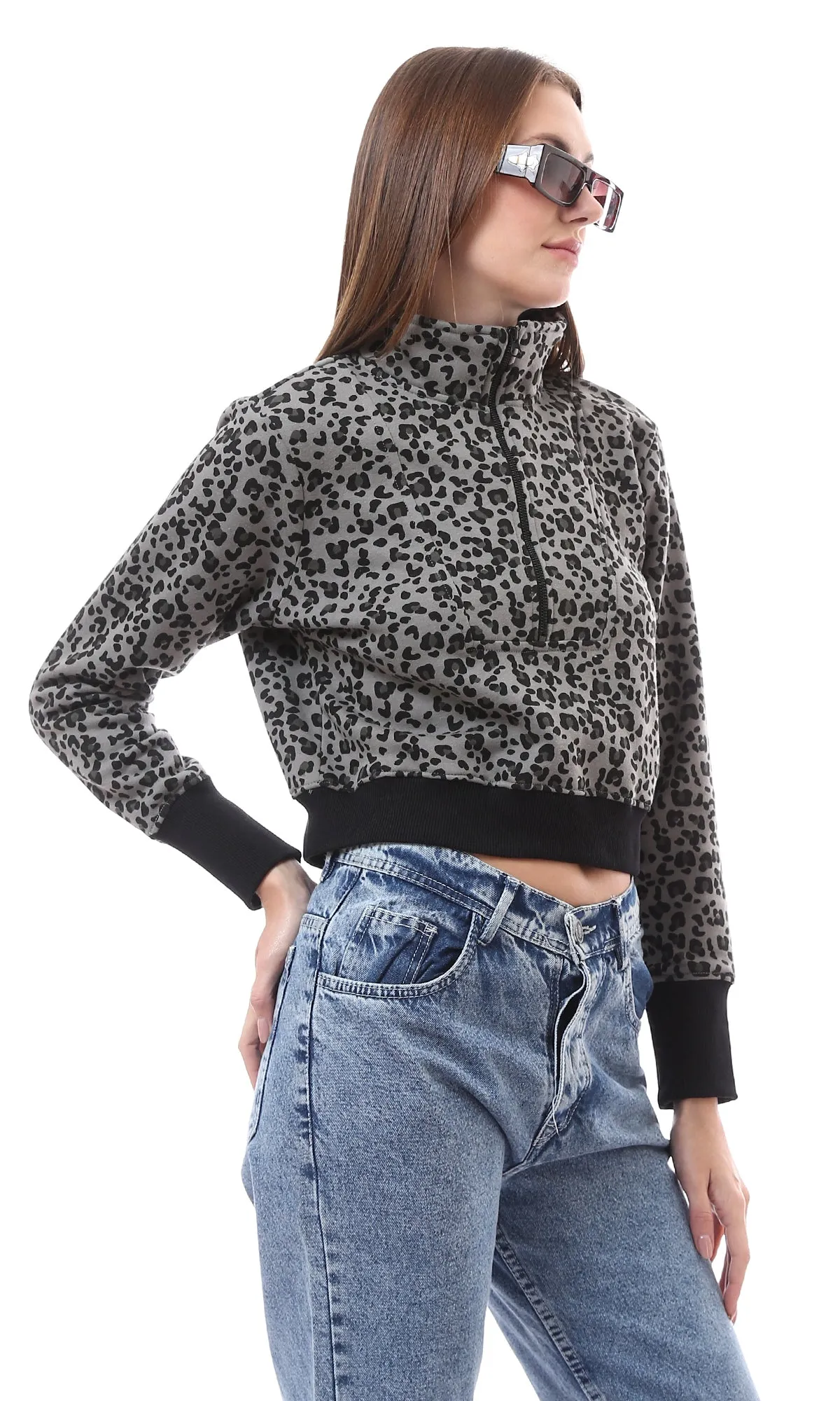 O175446 Grey & Black Leopard Zipped Neck Sweatshirt