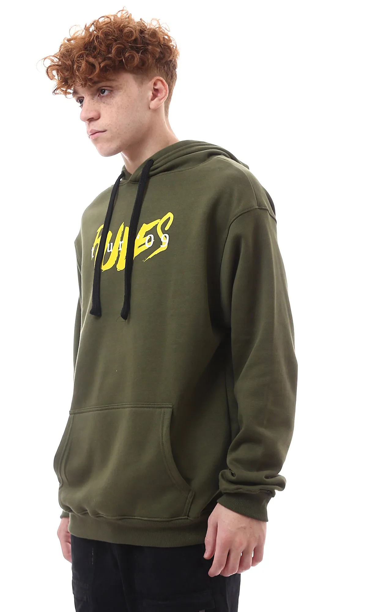 O175770 Front Print Slip On Dark Olive Hoodie