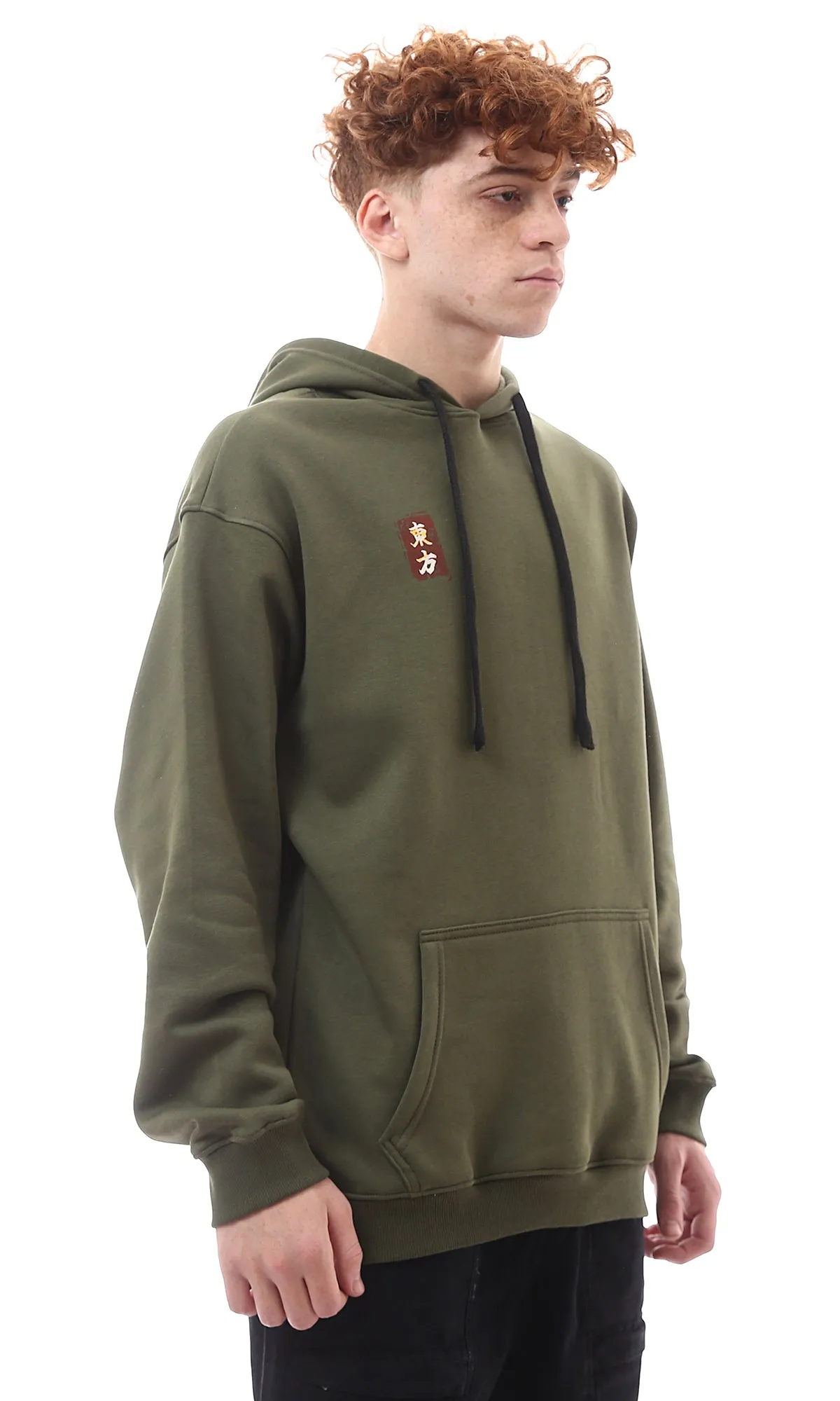 O175771 Dark Olive Cotton Hoodie With Front & Back Print