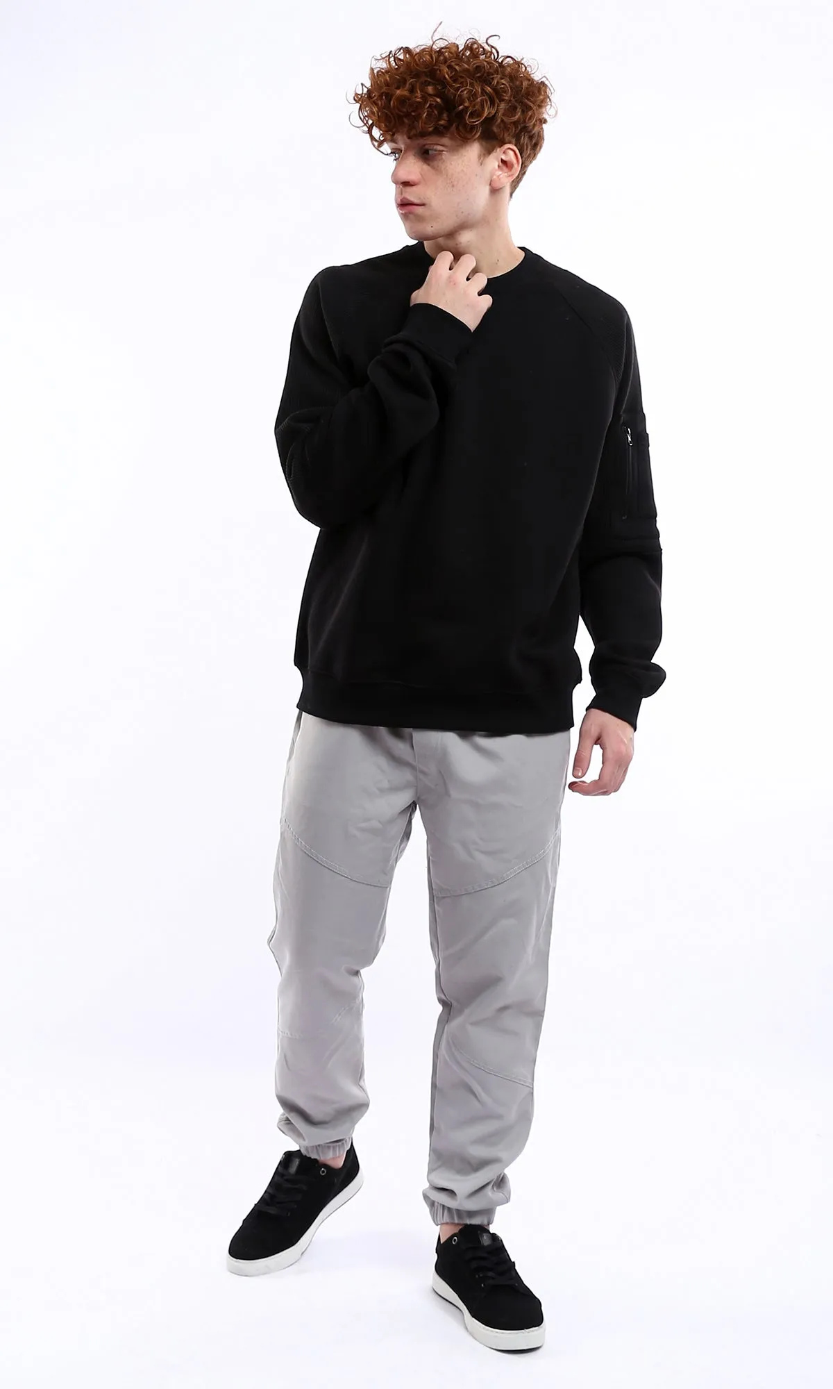 O176384 Black Ribbed Sleeves Slip On Casual Sweatshirt