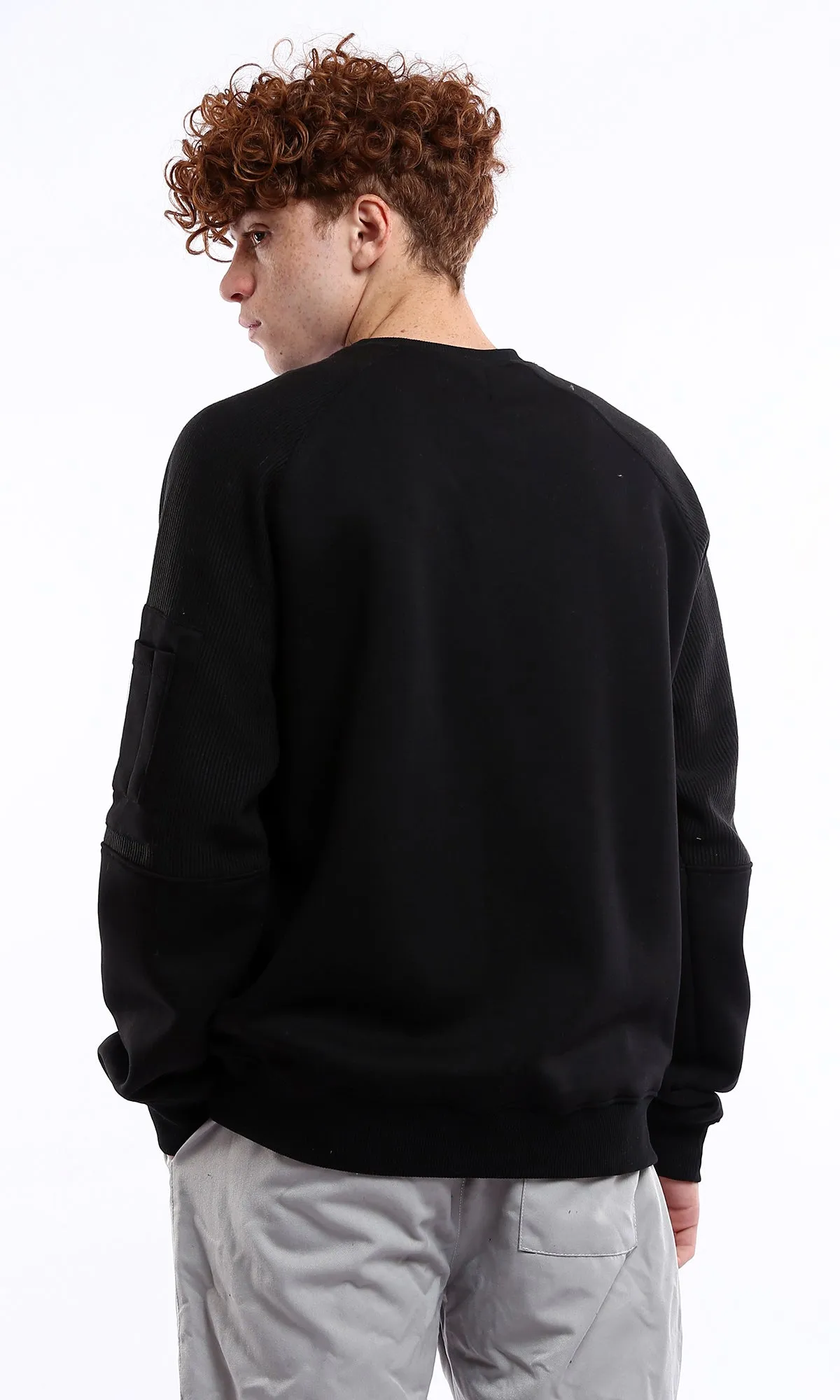 O176384 Black Ribbed Sleeves Slip On Casual Sweatshirt