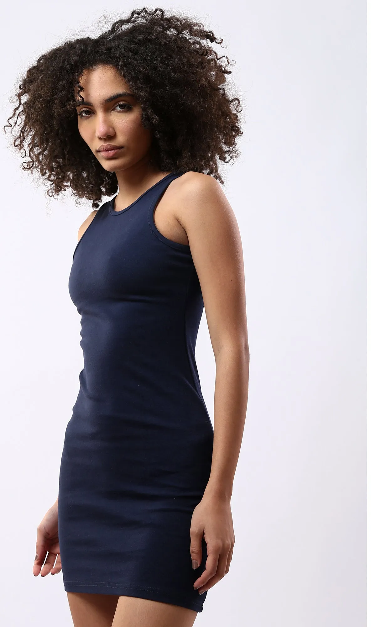 O178136 Tracer Back Solid Feminine Bodycon Dress - Navy Blue