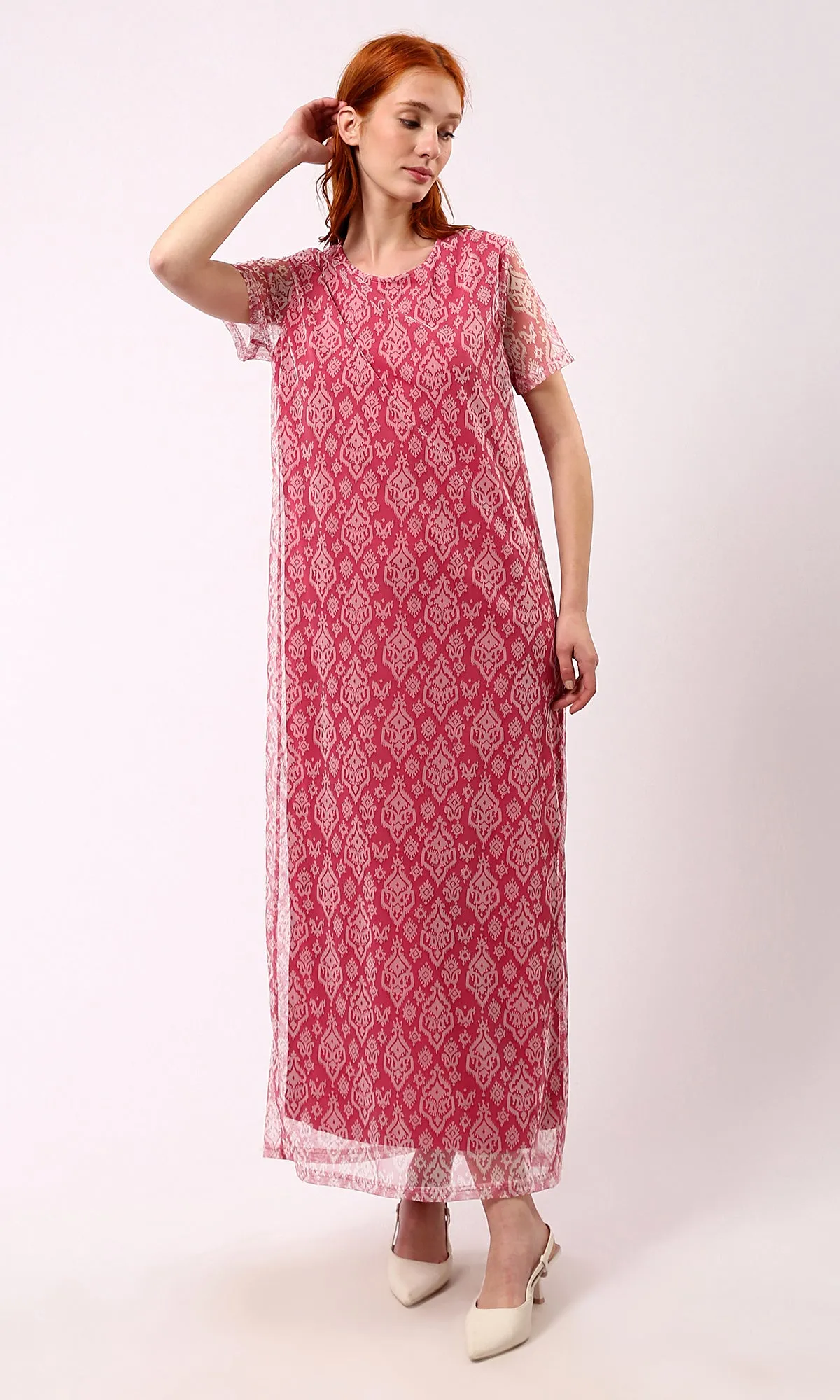 O178302 Sheer Short Sleeves Patterned Fuchsia Maxi Dress