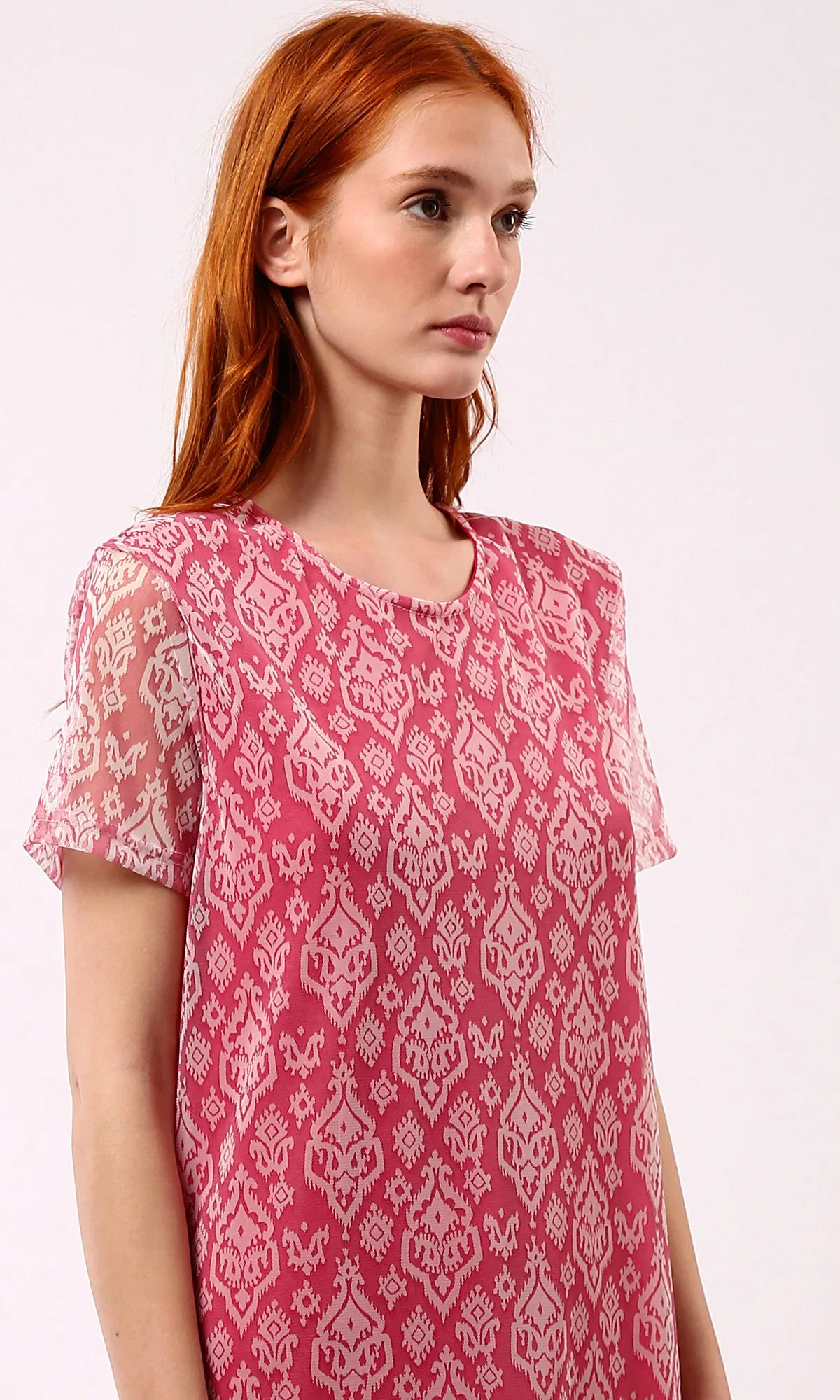 O178302 Sheer Short Sleeves Patterned Fuchsia Maxi Dress