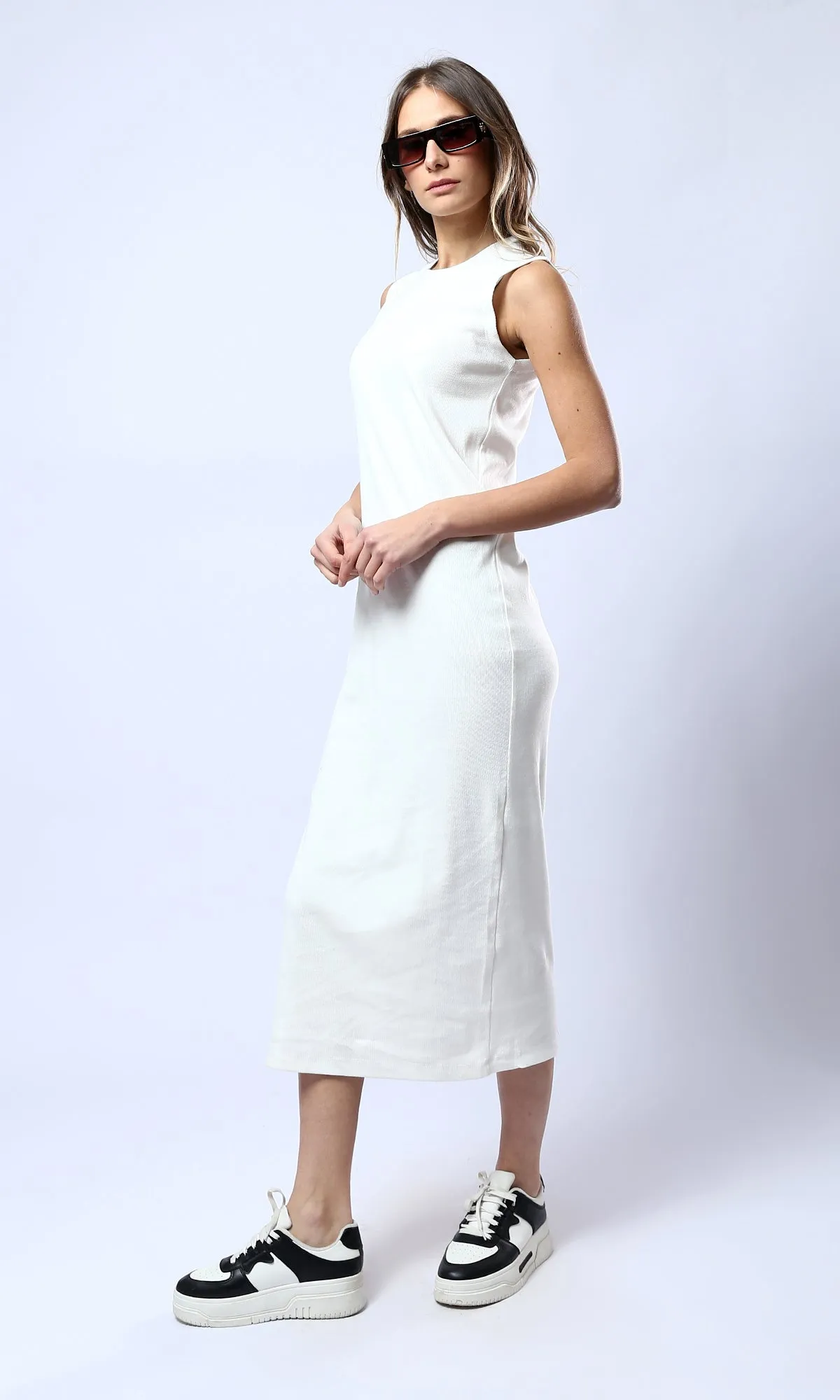 O182018 Slip On Casual Off-White Midi Dress