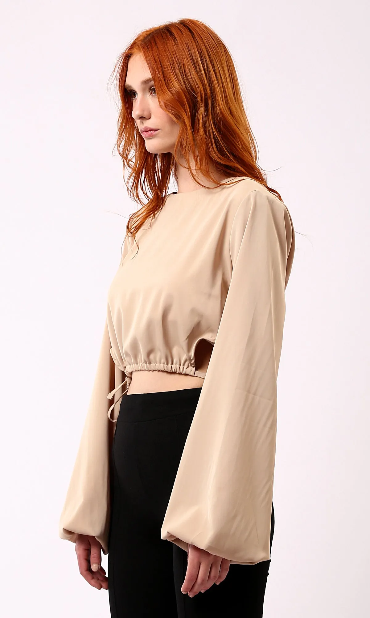 O188402 Dark Beige Short Blouse With Bi-Shop Sleeves