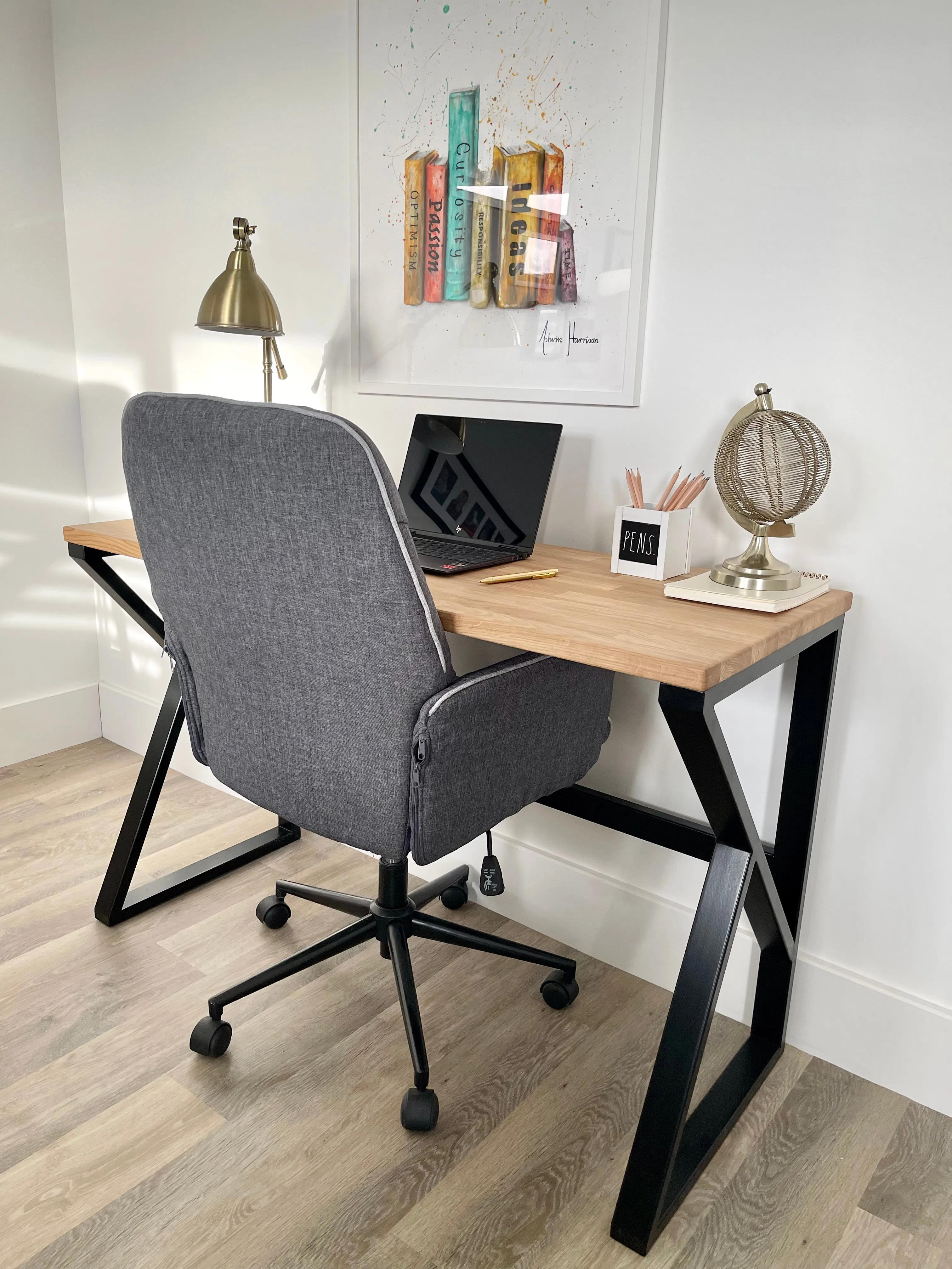 Oak Topped Matte Black Metal Office Desk