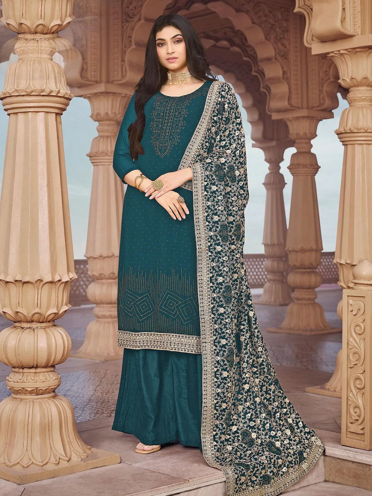 Odette Women Attractive Teal Blue Color Georgette Sharara Semi Stitched Suit