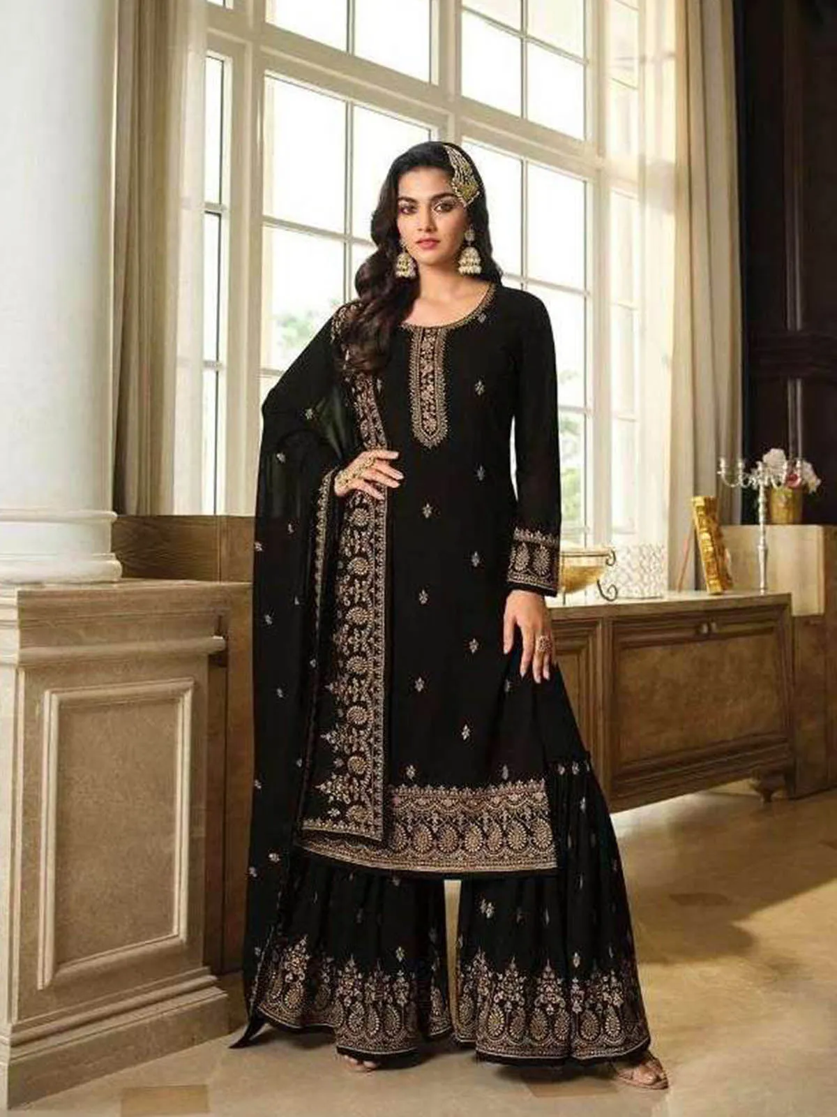 Odette Women Black Embroidered Georgette Sharara Style Semi-Stitched Salwar Suit