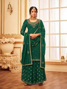 Odette Women Dark Green Colored Embroidered With Embellished Georgette Semi Stitched Sharara Suit