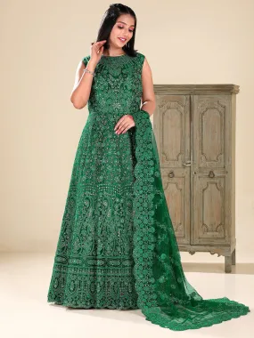 Odette Women Green Net Embroidered Stitched Gown