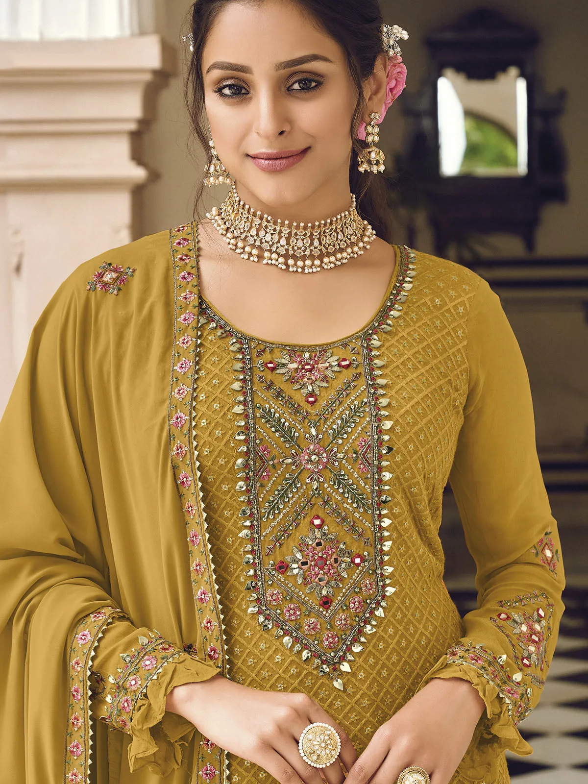 Odette Women Mustard Sequence Embroidered Georgette Salwar Semi Stitched Suit