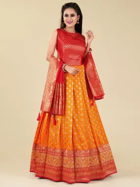 Odette Women Orange Banarasi Silk Woven Stitched Gown