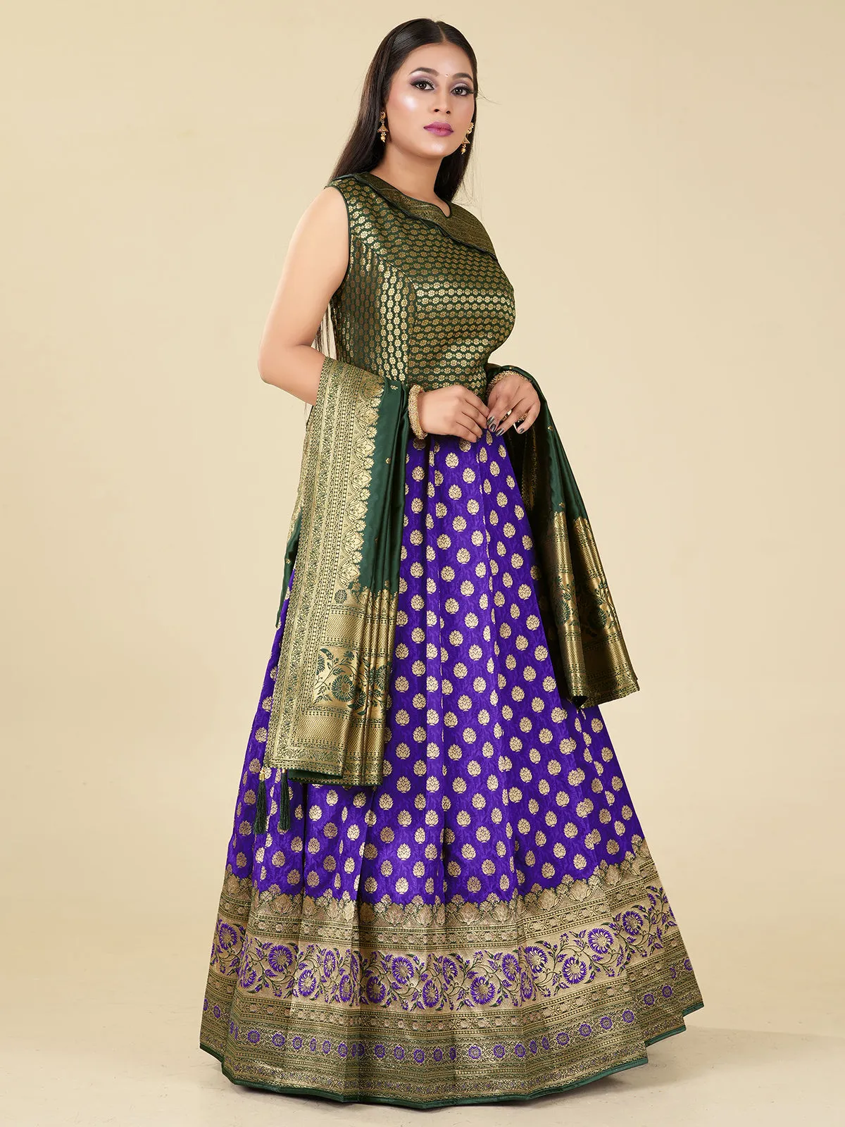 Odette Women Purple Banarasi Silk Woven Stitched Gown