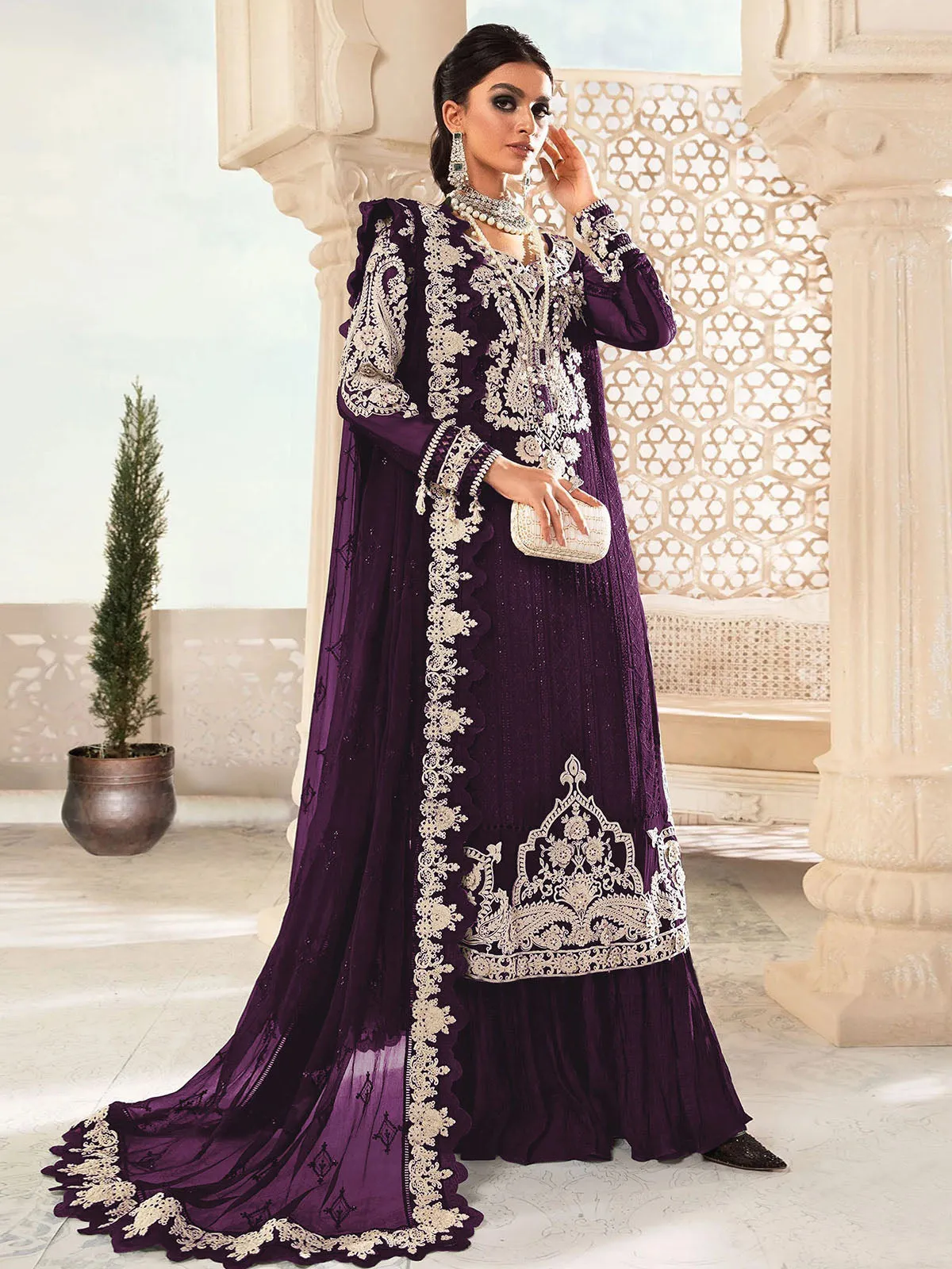 Odette Women Violet Embroidered Georgette Partywear Semi Stitched Suit