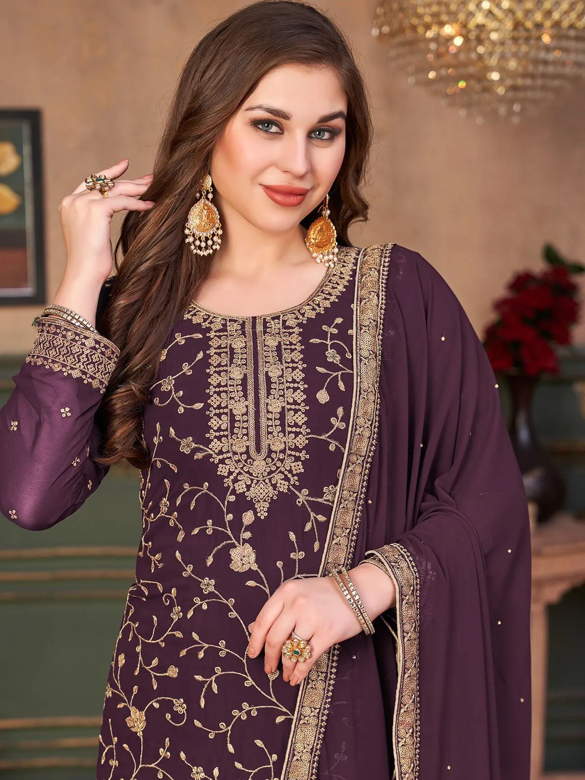 Odette Women Violet Faux Georgette Heavy Designer Embroidery Semi Stitched Kurta Set