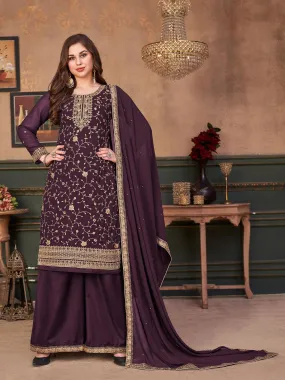 Odette Women Violet Faux Georgette Heavy Designer Embroidery Semi Stitched Kurta Set