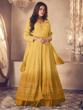 Odette Women Yellow Embroidered Georgette Partywear Semi Stitched Anarkali Salwar Suit