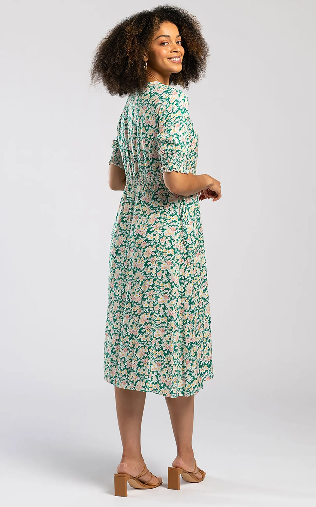 Pentlebay Clothing Shirred Waist Midi Dress In Green Blossom