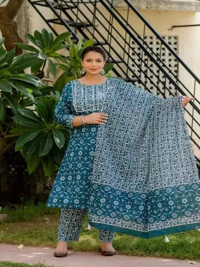 Plus Size Blue Cotton Printed Readymade Salwar Suit