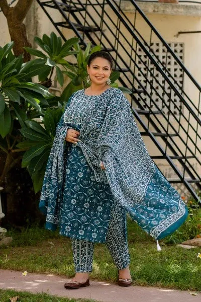 Plus Size Blue Cotton Printed Readymade Salwar Suit