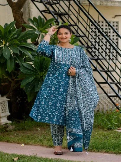 Plus Size Blue Cotton Printed Readymade Salwar Suit