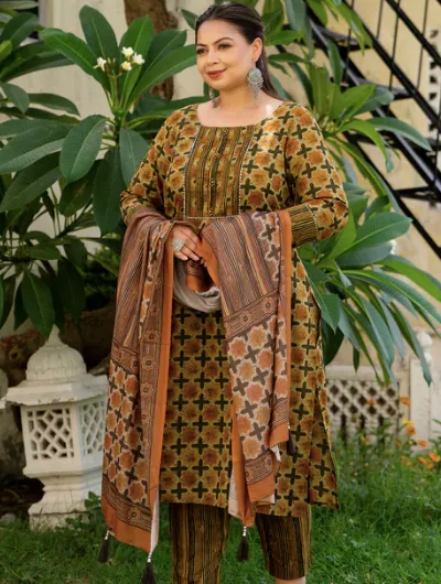 Plus Size Brown Green Readymade Salwar Suit