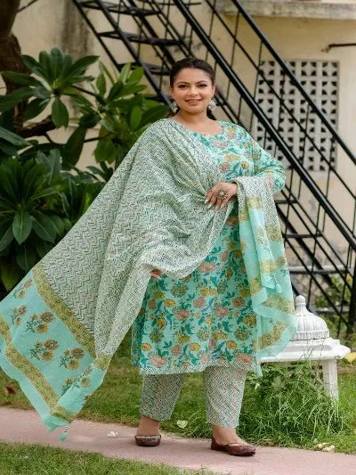 Plus Size Light Green Cotton Block Printed Readymade Salwar Suit