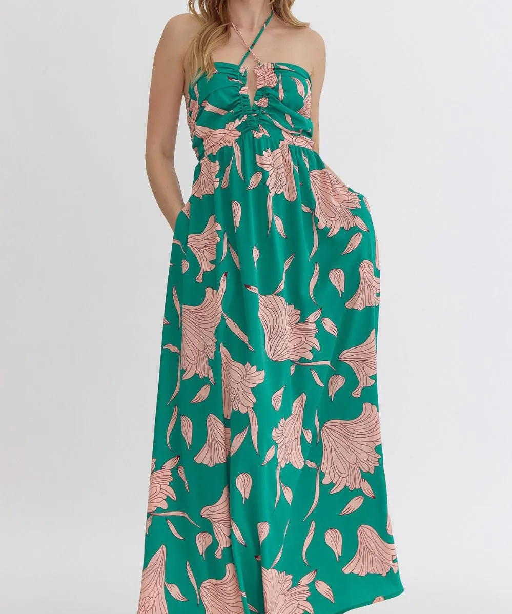 Printed Halter Neck Maxi Dress  Green