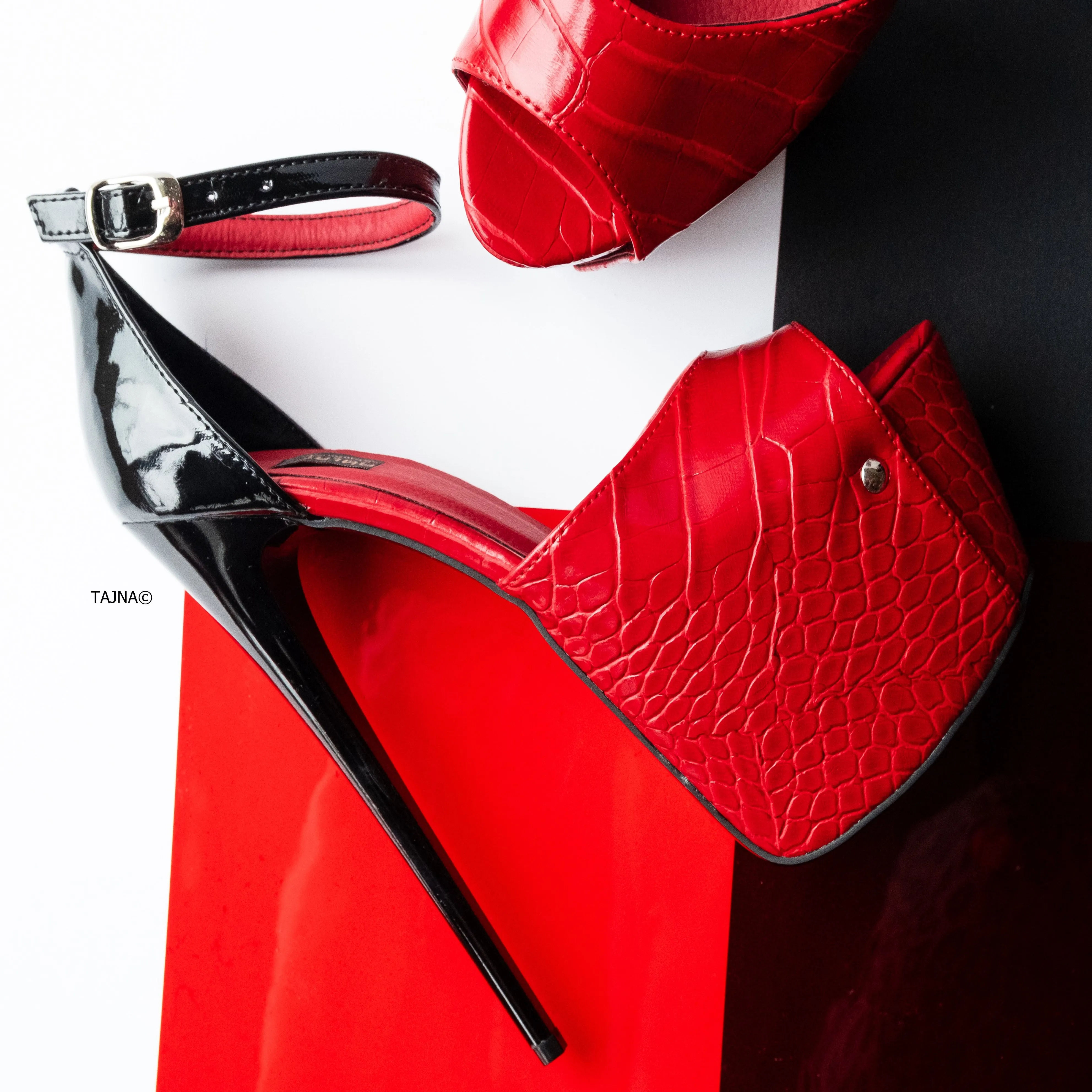 Red Croco Black Gloss Detail Ankle Strap High Heels