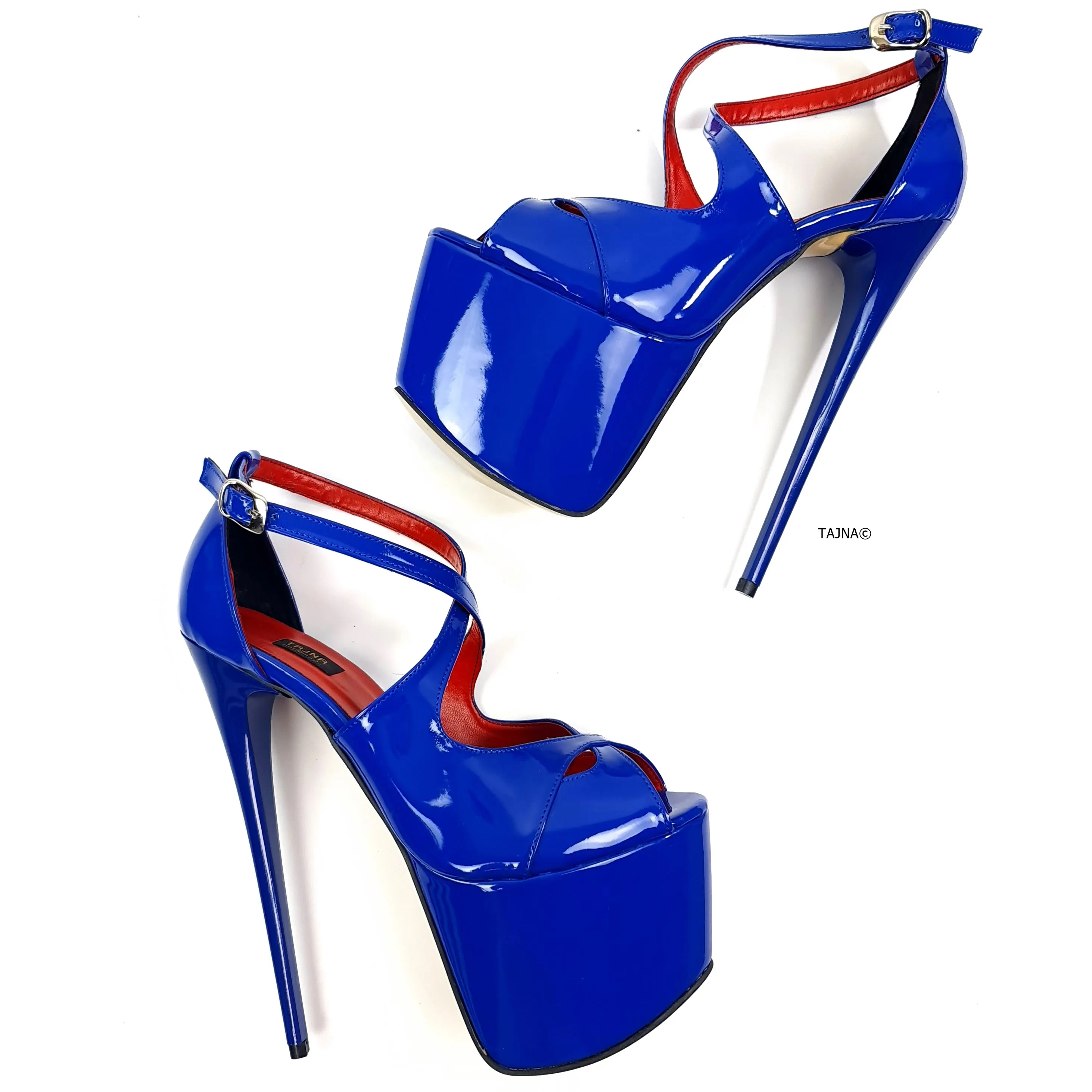 Royal Blue Gloss Ankle Cross Strap High Heels