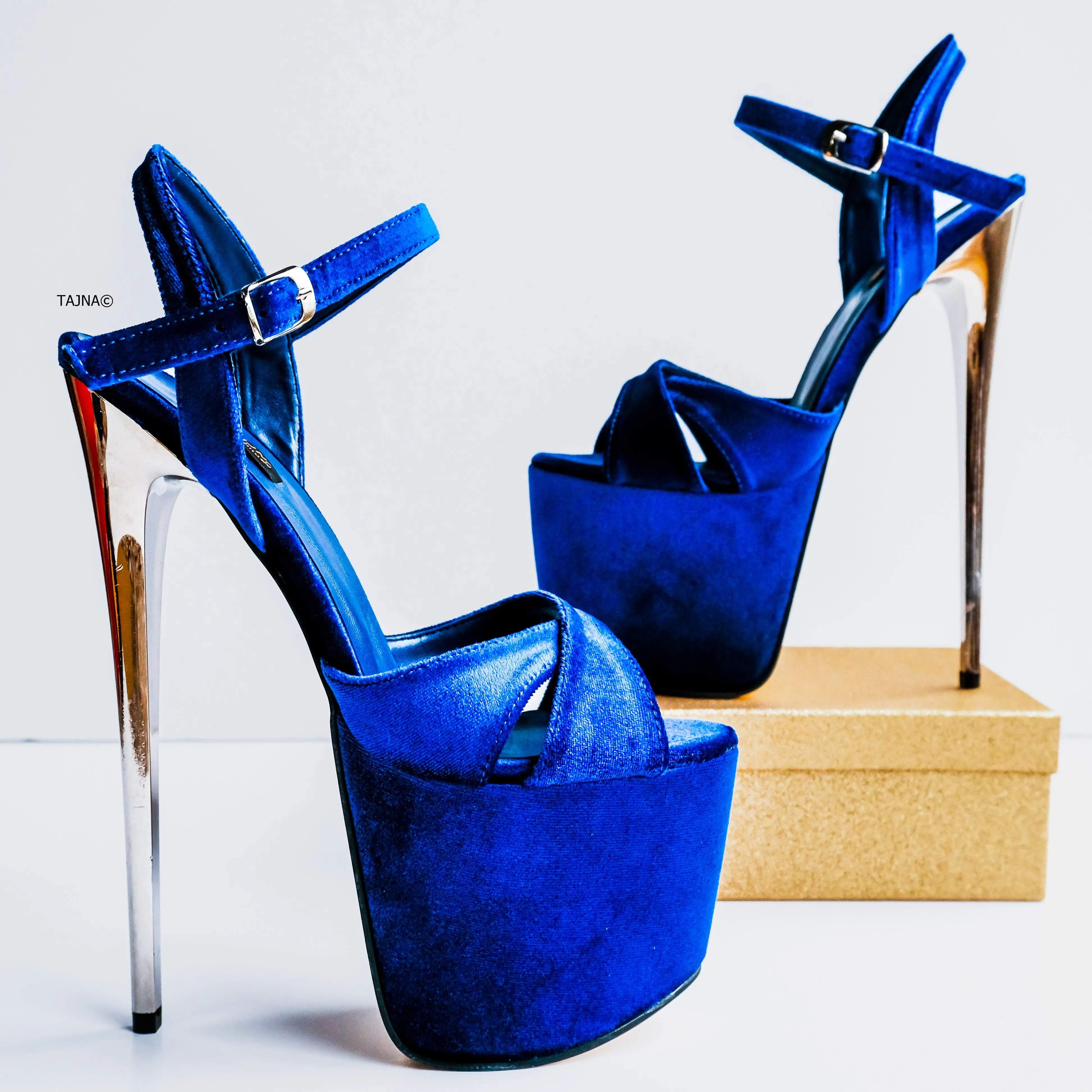 Royal Blue Velvet Metallic High Heel Sandals