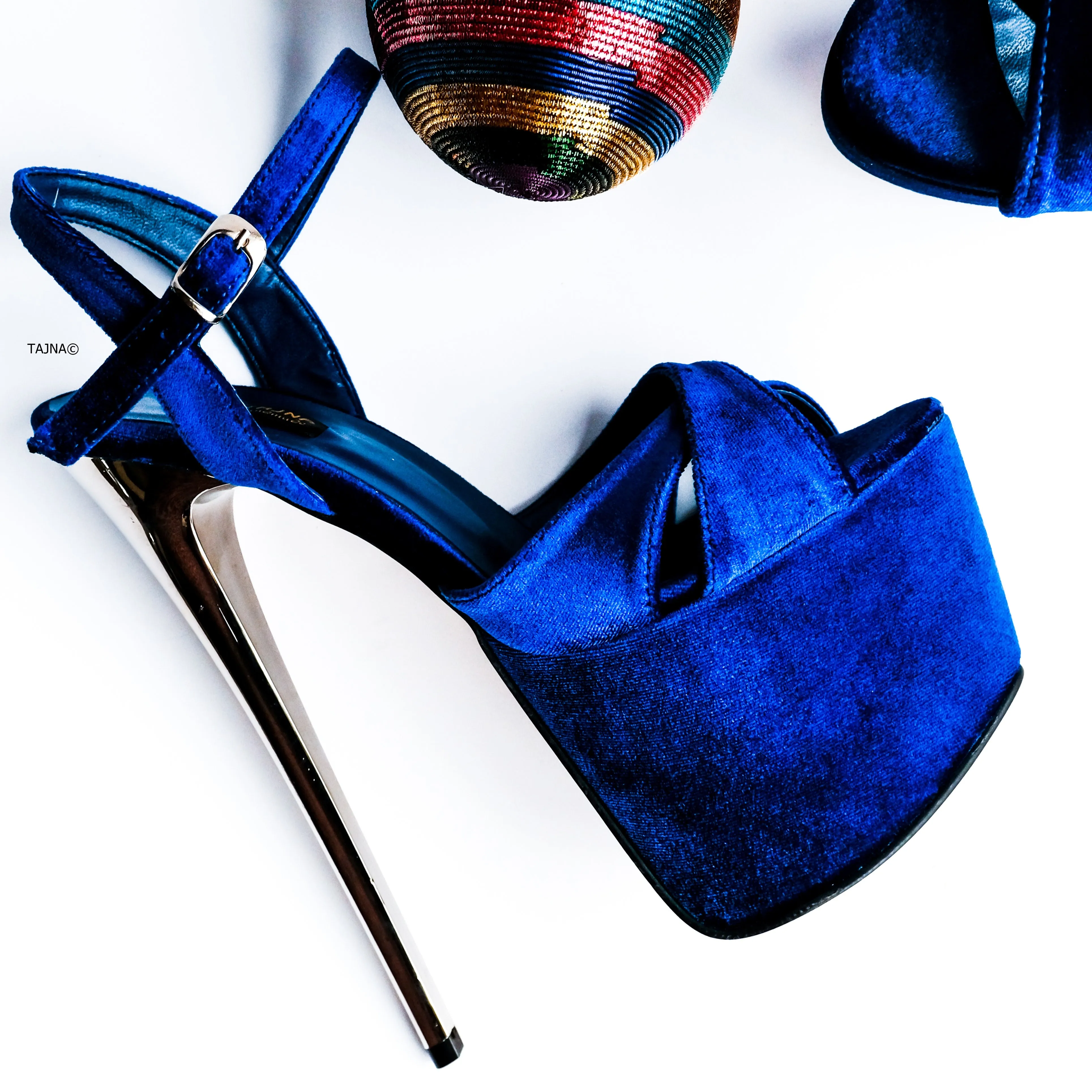 Royal Blue Velvet Metallic High Heel Sandals