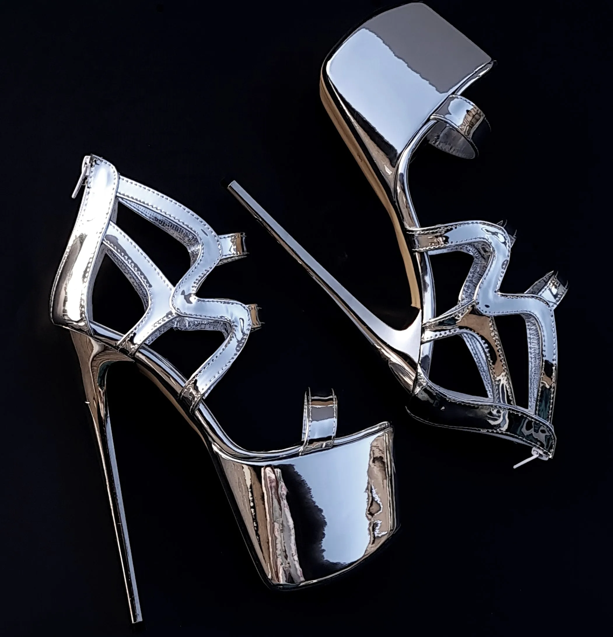 Silver Mirror Cage High Heel Platform Shoes