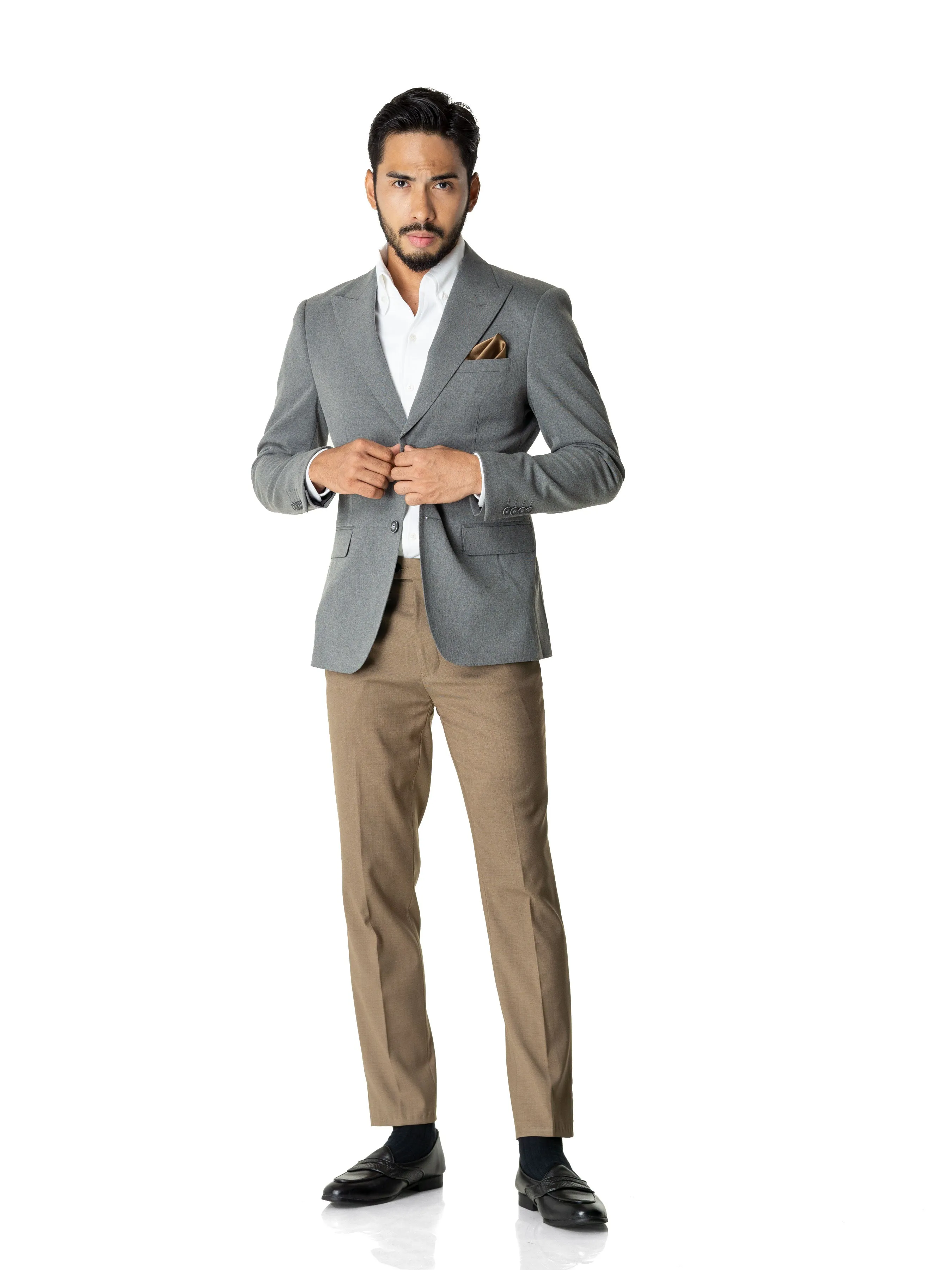 Single Breasted Suit Blazer - Grey Plain (Peak Lapel)