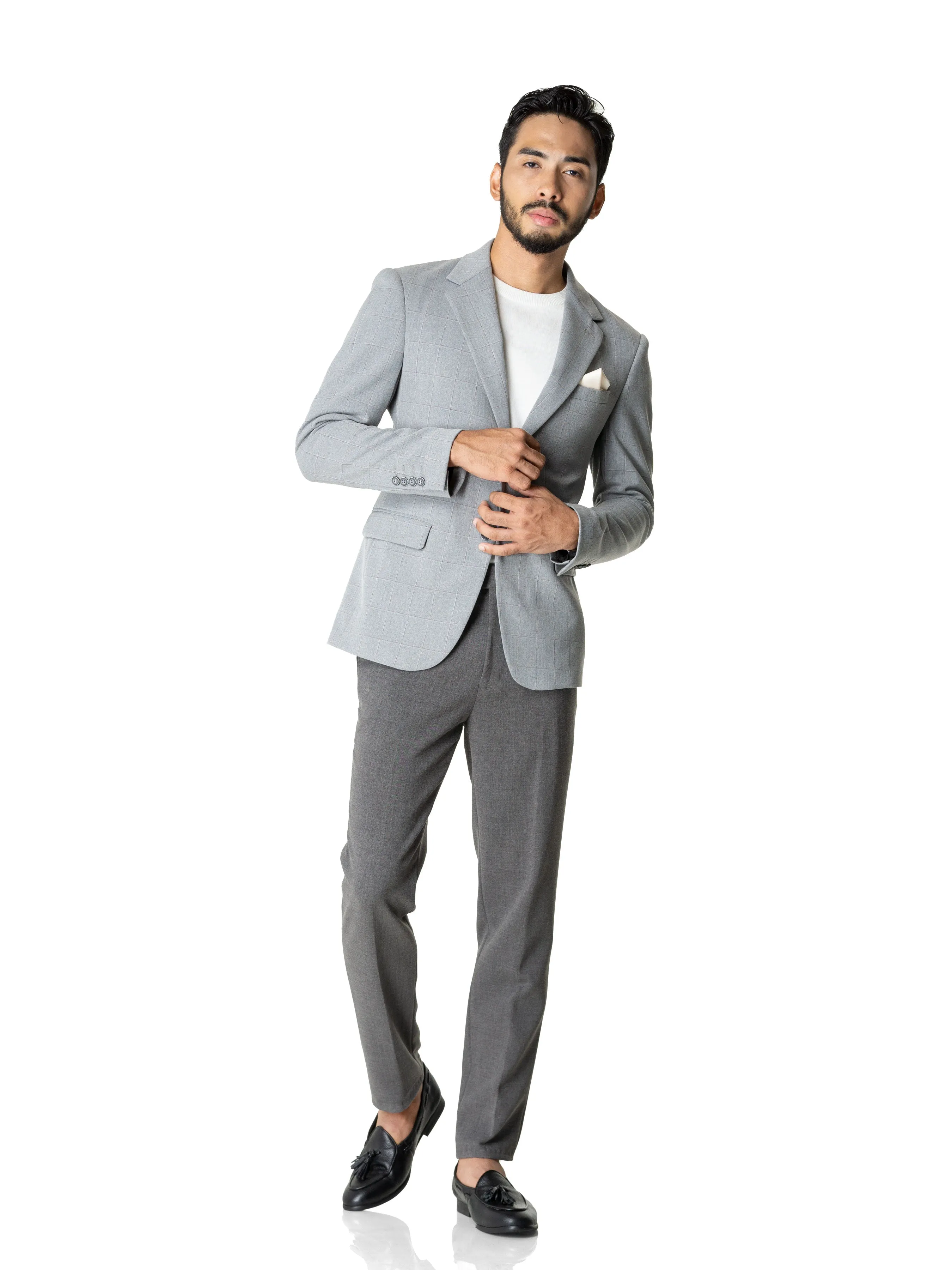 Single Breasted Suit Blazer - Light Grey Windowpane (Notch Lapel)