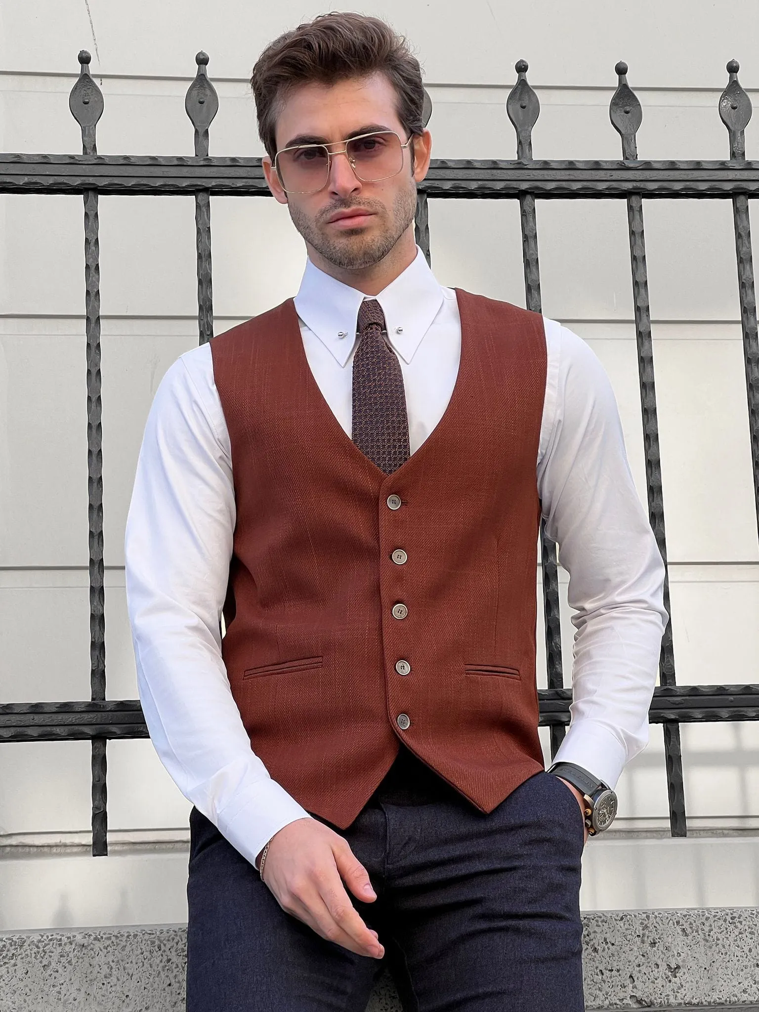 Slim Fit Wool Tile Brown Men’s Waistcoat