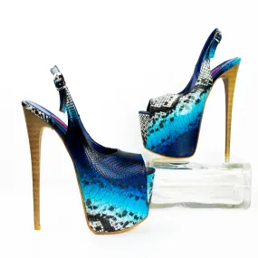 Snake Print Sling Back Blue High Heels