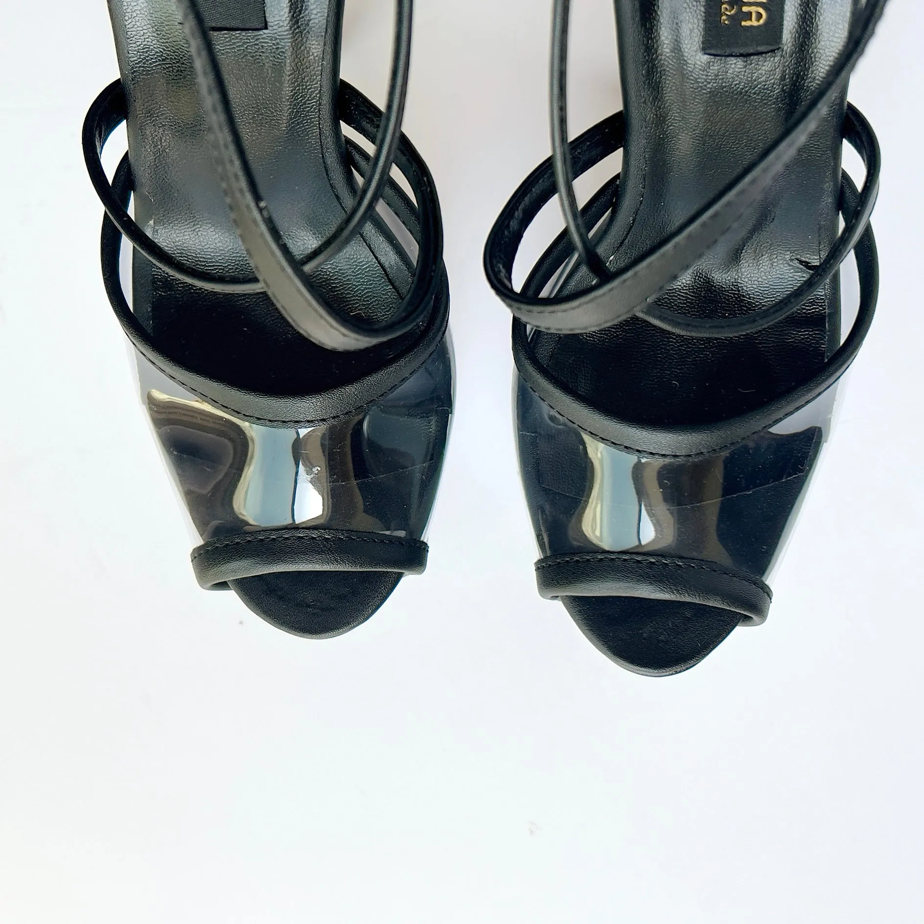 Transparent and Black Matte Ankle Strap Metallic Heels