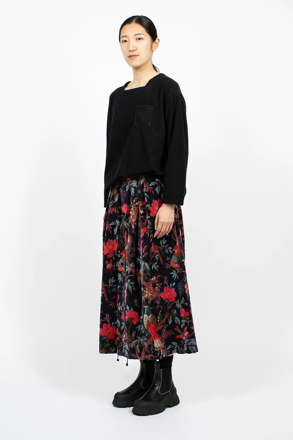 Tuck Velveteen Skirt Bird Print