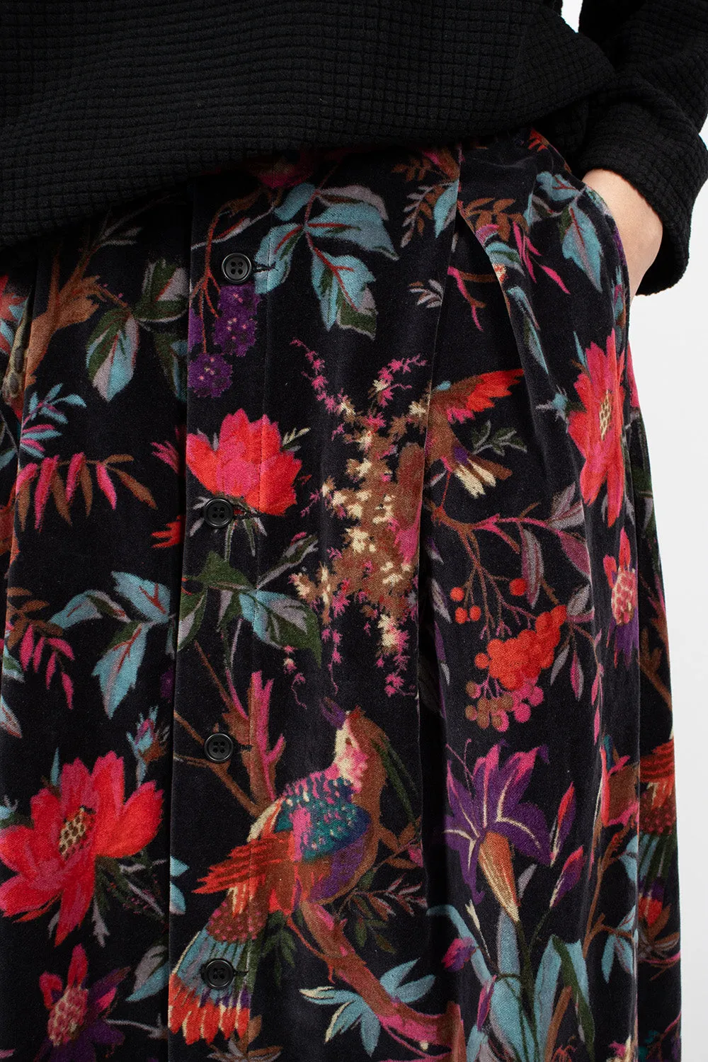 Tuck Velveteen Skirt Bird Print