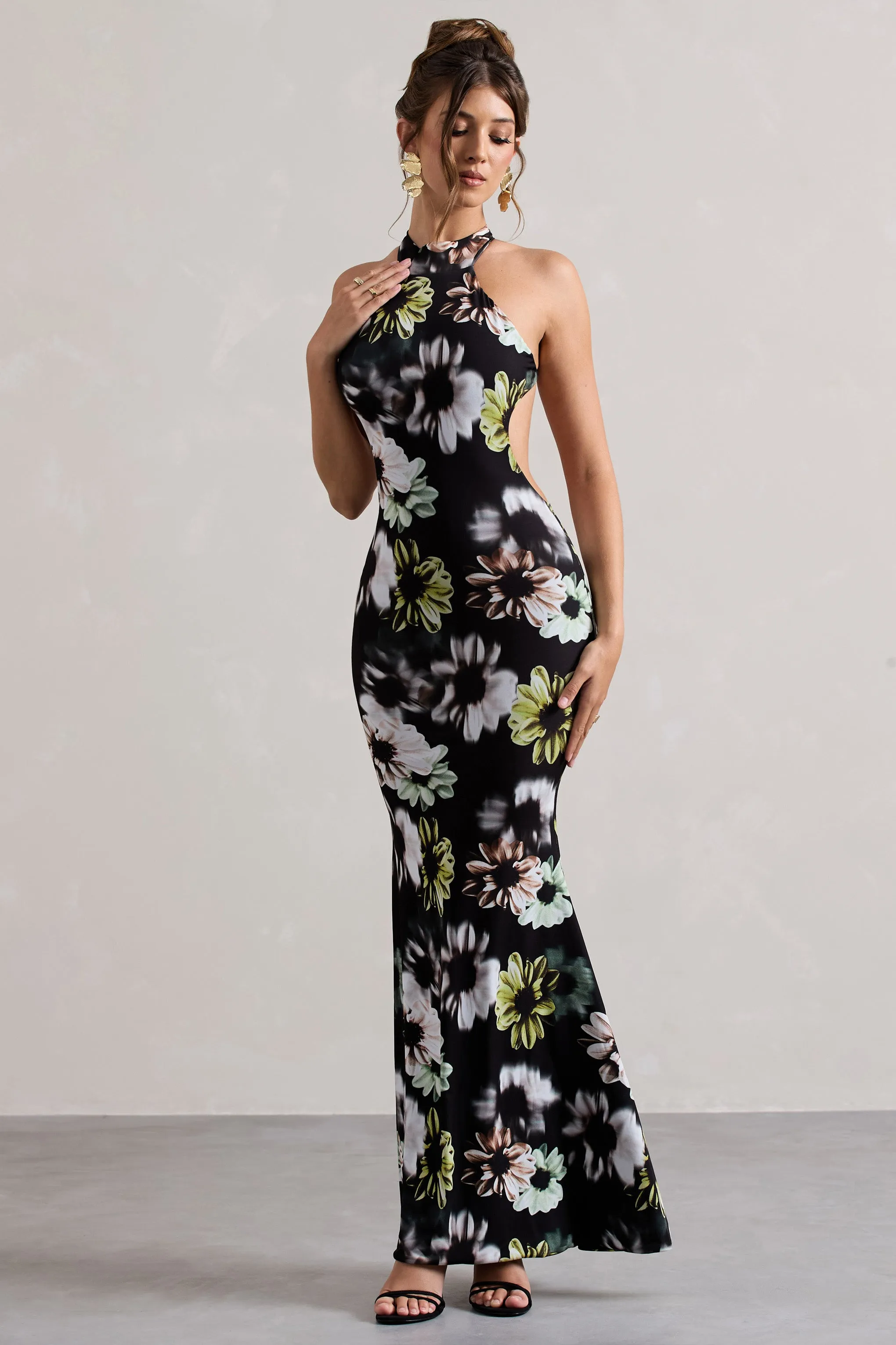 Tuscany | Black Floral Print Halter-Neck Split Maxi Dress