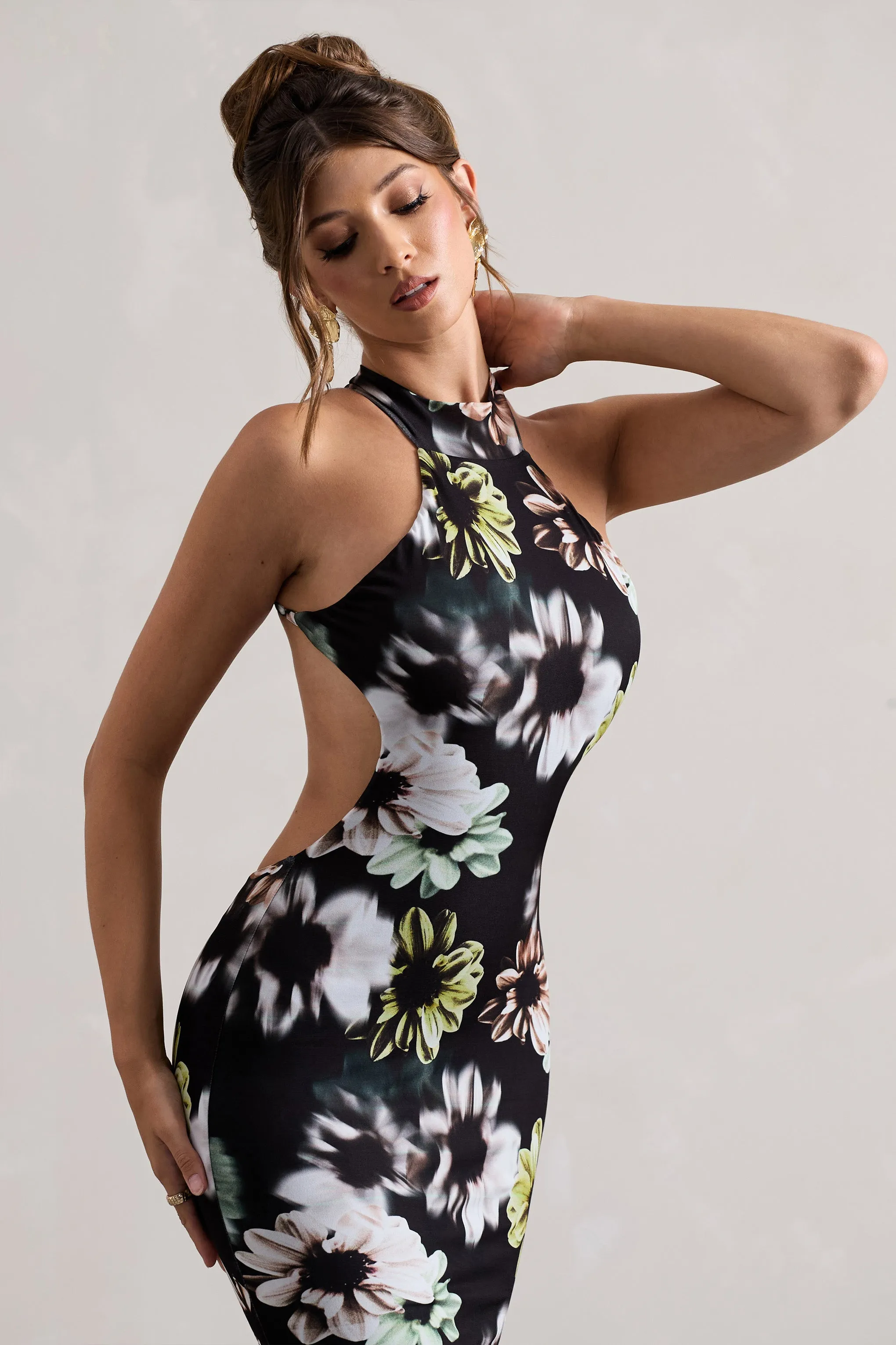 Tuscany | Black Floral Print Halter-Neck Split Maxi Dress