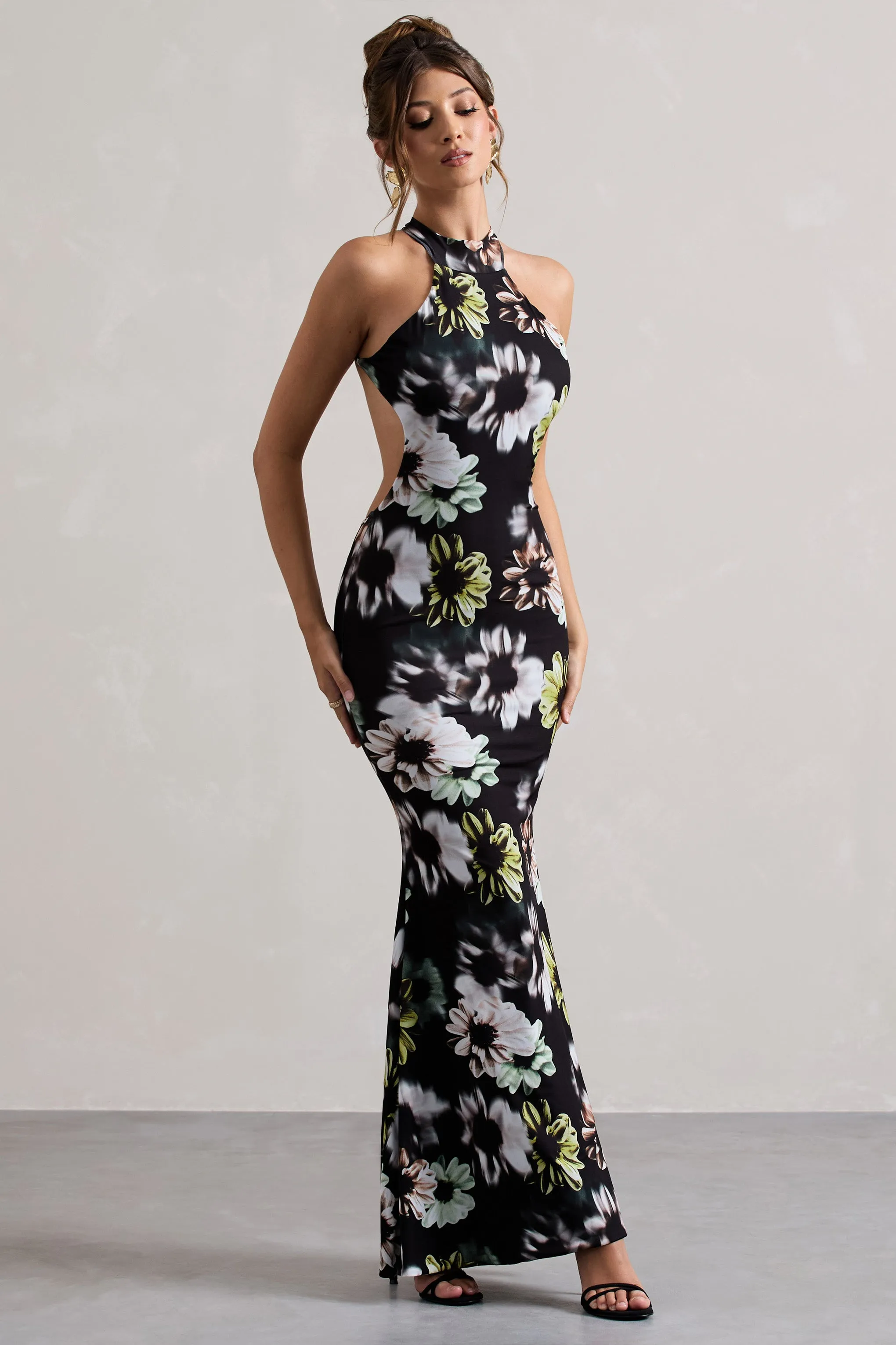 Tuscany | Black Floral Print Halter-Neck Split Maxi Dress