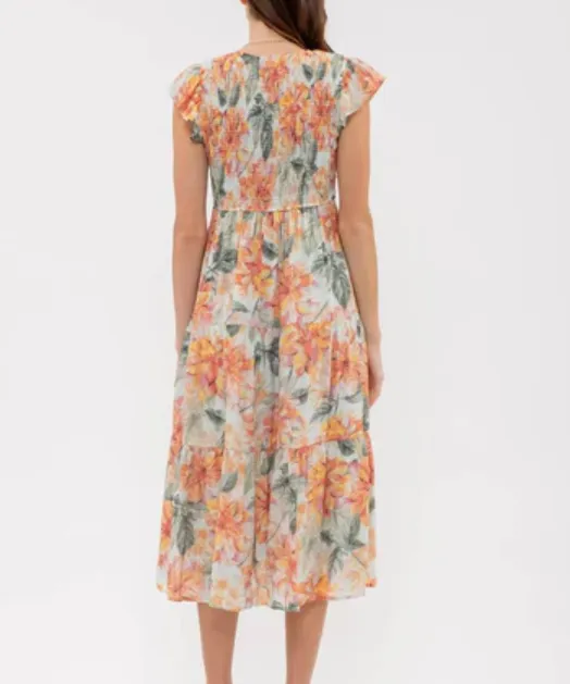 V-Neck Floral Midi Dress - Mint Multi